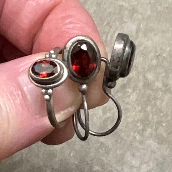 Vintage Garnet Drop Earrings & Garnet Toe or Pinky Ring Set - Picture 7 of 10